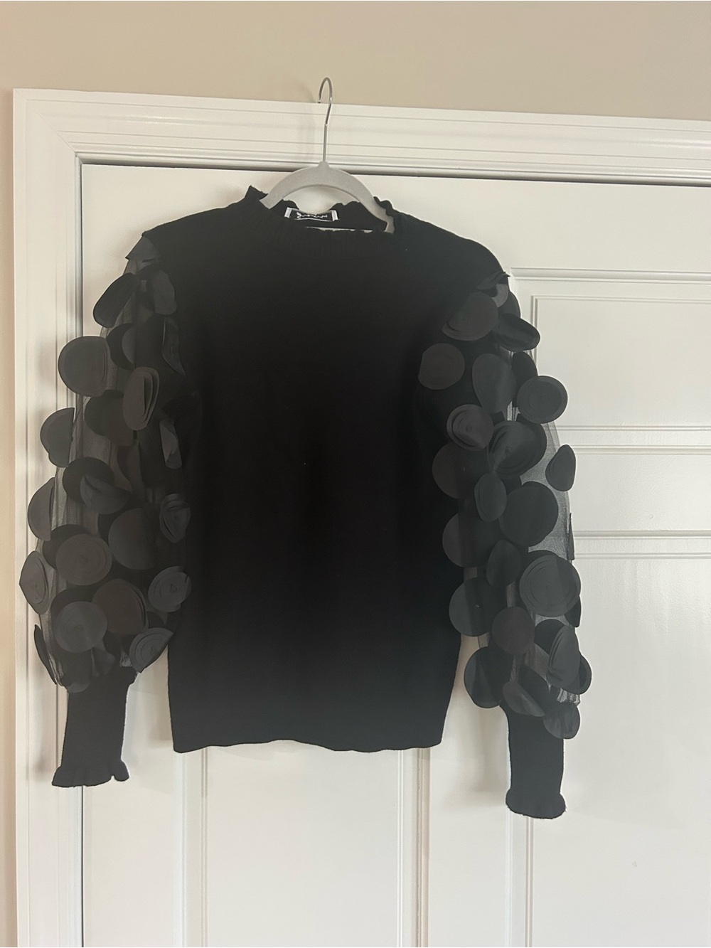 Sioni Black Top with Textured Bubble Mesh Sleeves